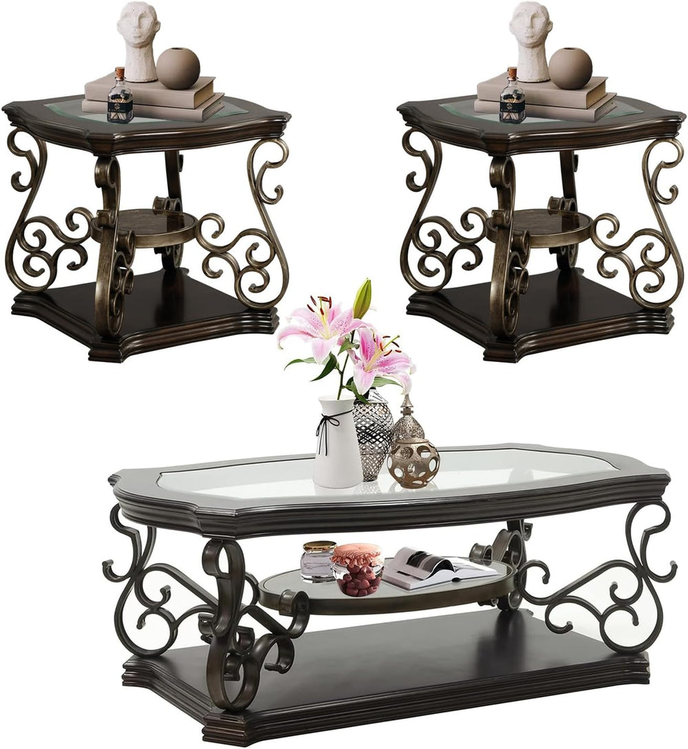 Henf 3 Piece Living Room Table Set, Retro Brown Coffee Table with 2 End Table...