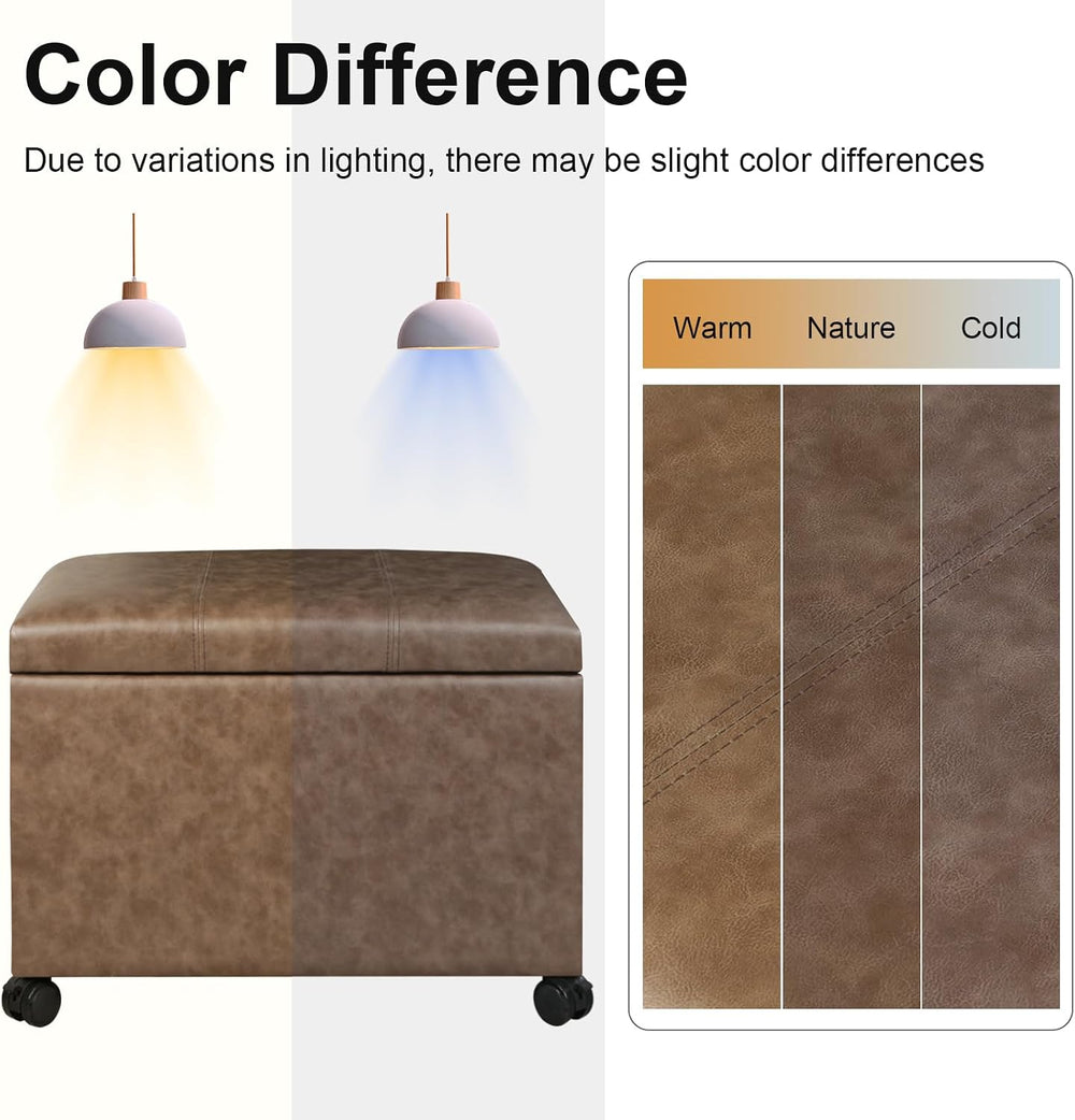 Asense 24-inch Rolling Storage Ottoman Bench, Upholstered Faux Leather Footre...