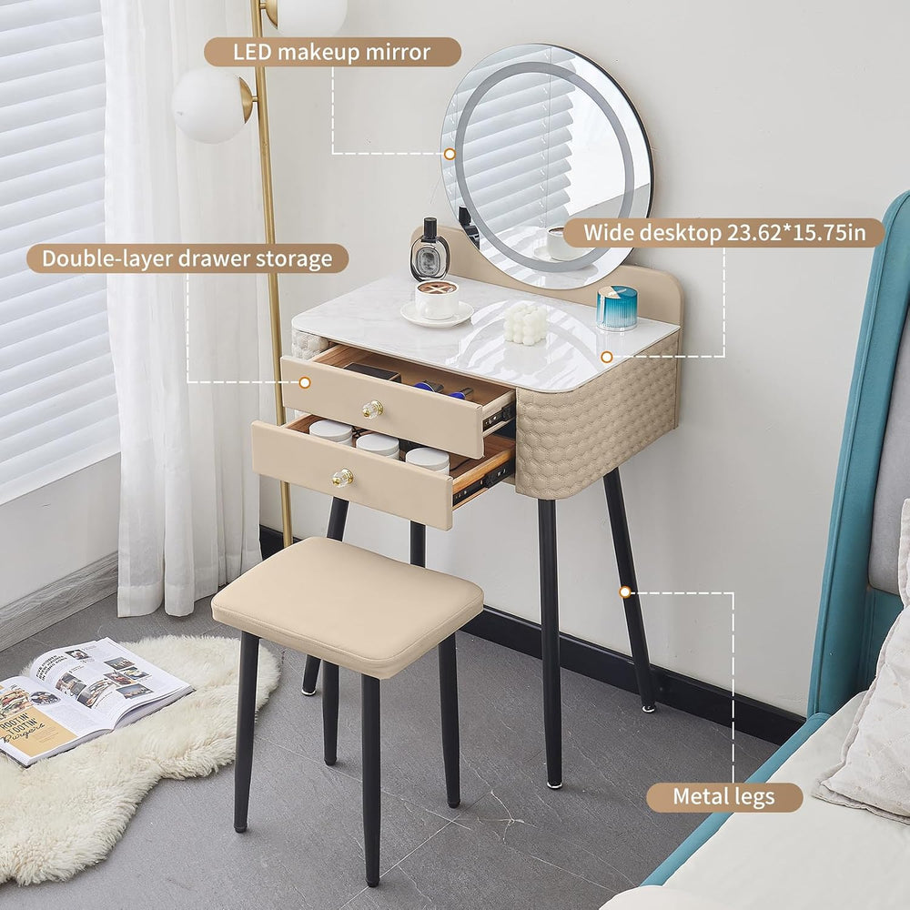 Small Vanity Desk with Mirror and Lights, 2 Drawers.(Beige) | 3 Color Lightin...