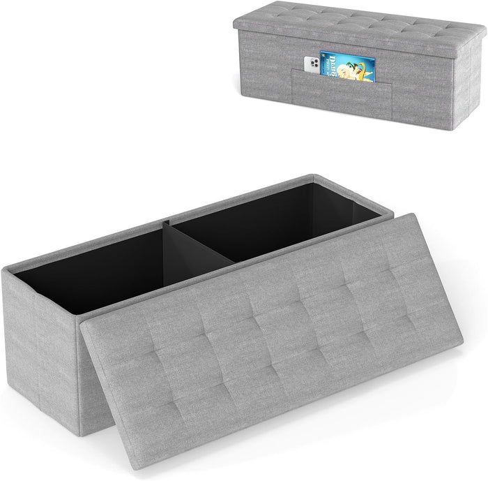 GIANTEX Storage Ottoman Bench, 43" L Folding Foot Rest Storage Chest with Side Pocket, Divider, Padded Seat Shoe Bench for Living Room Bedroom Hallway Entryway End of Bed (Light Gray)