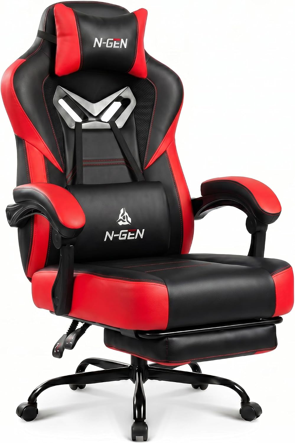 N-GEN GAMING Big & Tall Gaming Chair with Footrest, Lumbar Support, Red |...