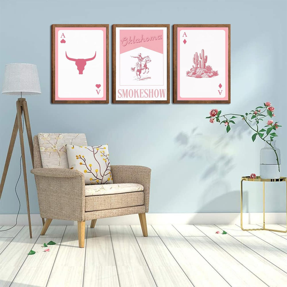 AINGMMG Pink Western Wall Art Set of 3,Framed Cowgirl Card Prints 16x24inch