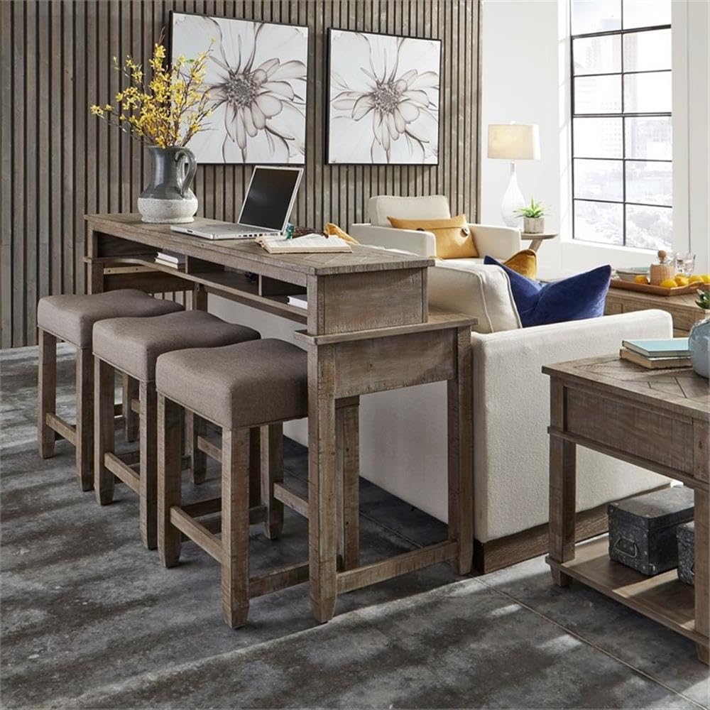 Pemberly Row 4 Piece Living Room Table Set, Pine Wood Console Bar Table w/Wea...