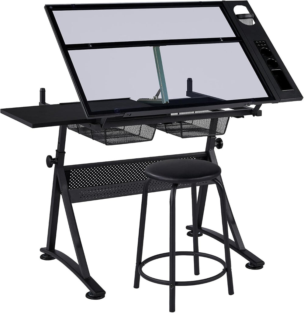 Yaheetech Adjustable Drafting Table & Stool, Tilting Glass Art Desk, Blac...