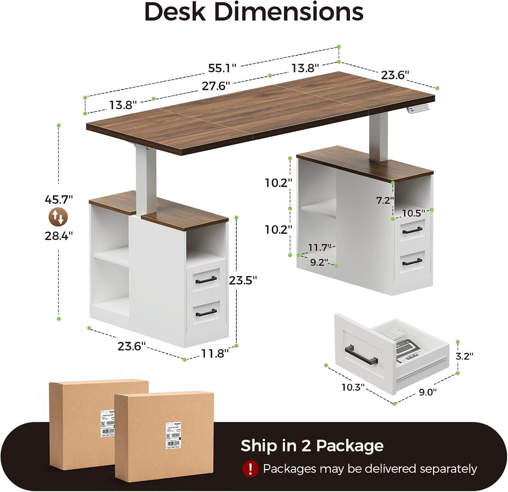 55 Inch Farmhouse Standing Desk with Storage Drawers, Walnut White