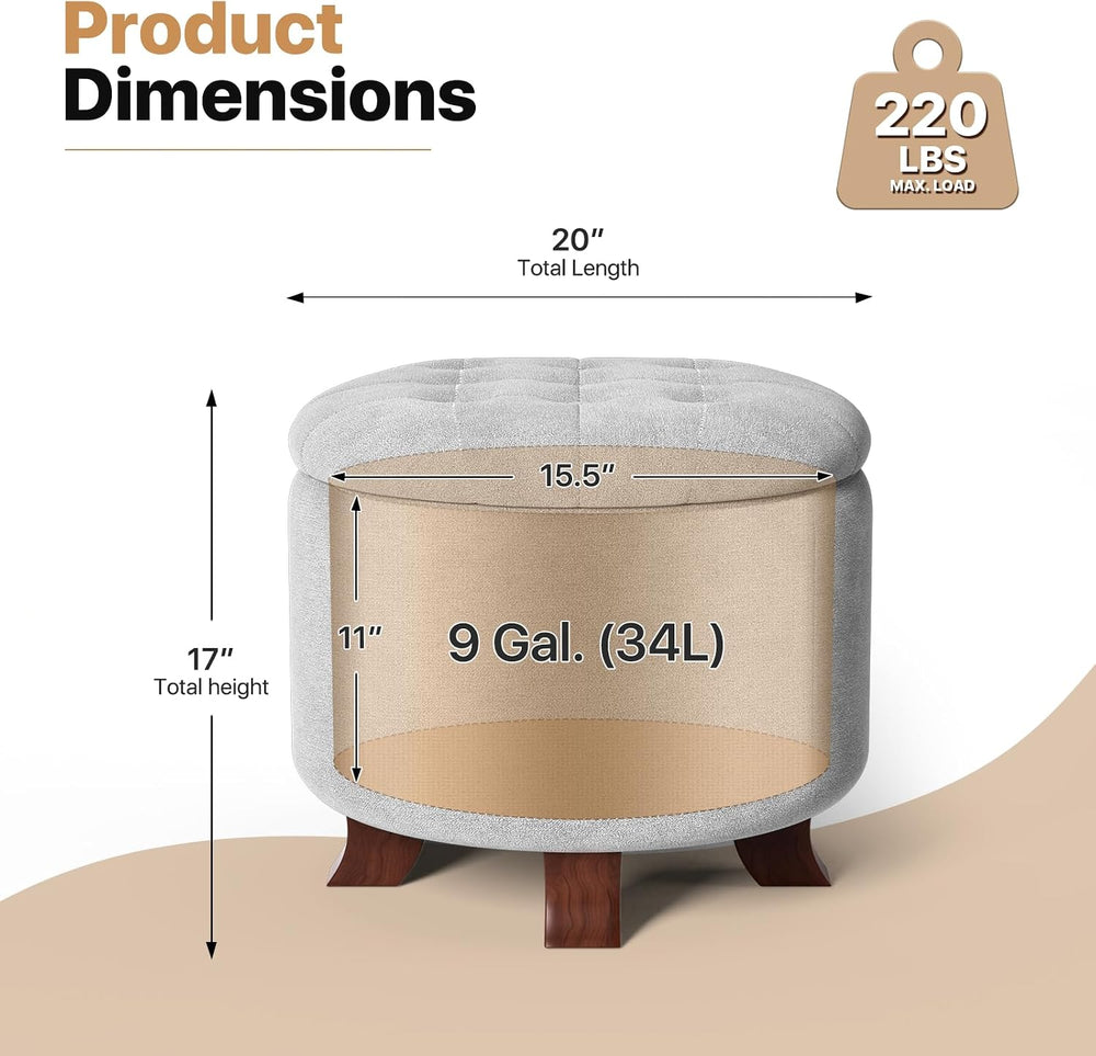 Magshion Round Storage Ottoman, 20 Dia. x 17 H Inches, Light Gray