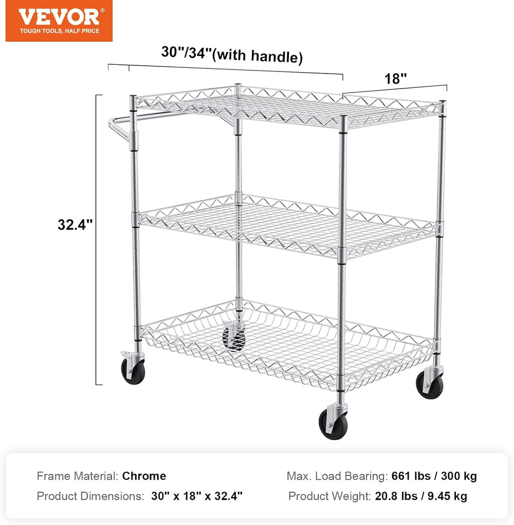 VEVOR Kitchen Utility Cart, 3 Tiers, Wire Rolling Table with 661 LBS Capacity...