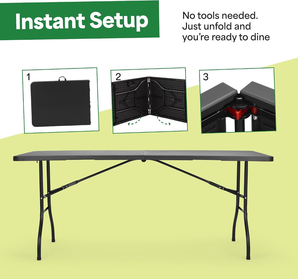 EconoHome Black 6ft Folding Table with Handle | Heavy-Duty Foldable Table | P...