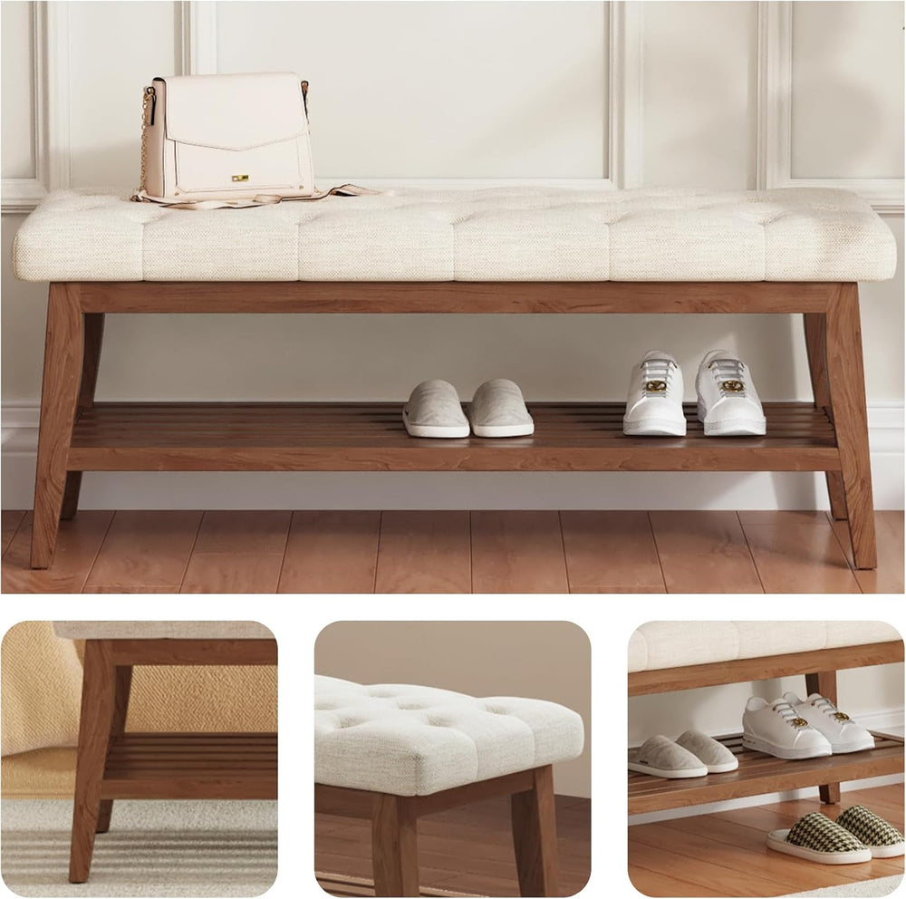 LEILISI Entryway Bench with Storage, Linen Upholstered Bench(Beige, 39.4'...