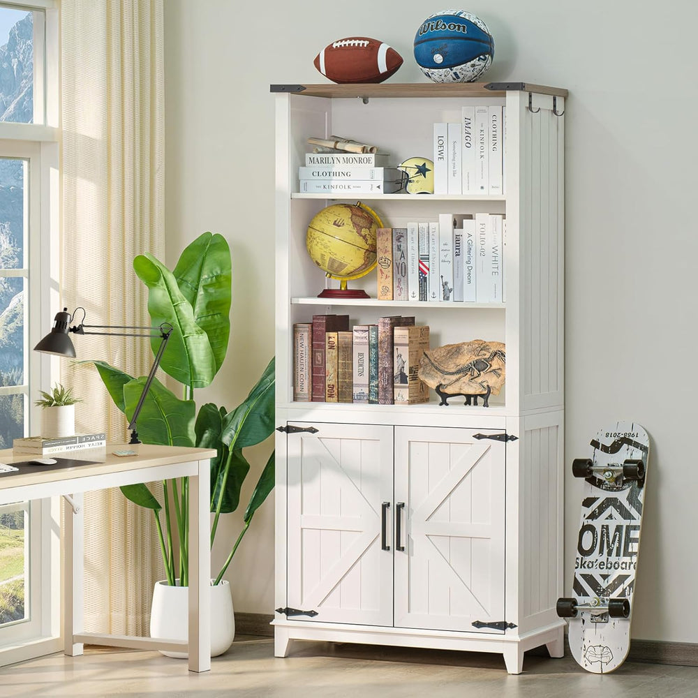 Joaxswe 5 Tier Bookshelf 70in Tall Bookcase with Barn Doors and Storage Cabin...