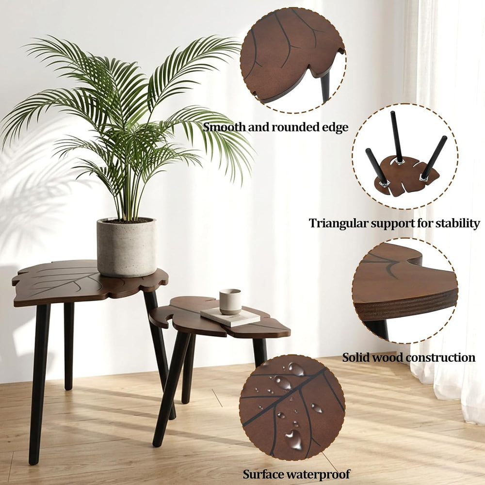 Nesting Coffee Table Set of 2, Monstera Leaf Wooden Side Table | Stacking Min...