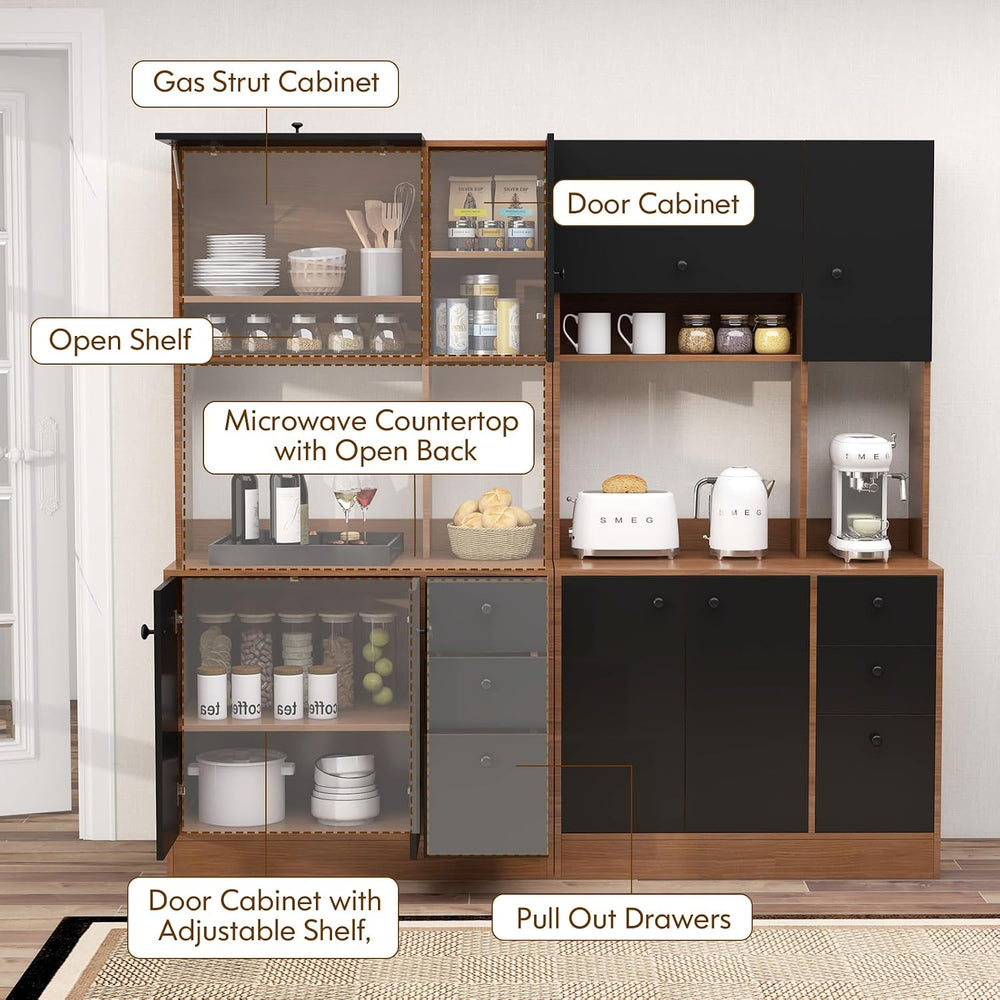 71" Large Kitchen Pantry Cabinet with Microwave Shelf, Wooden Tall Pantr...