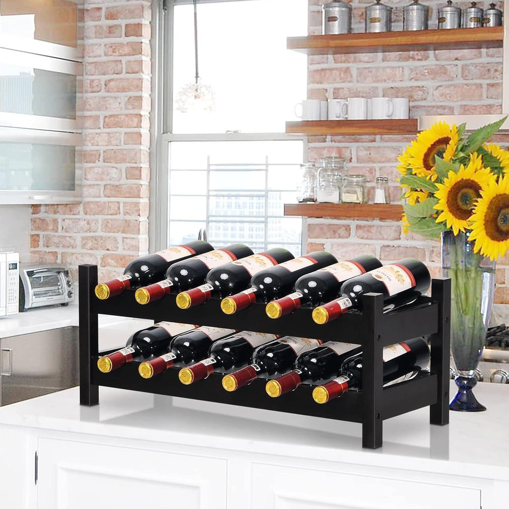 COSTWAY 12 Bottles Wine Rack Countertop, Bamboo Wine Holder, Brown | 2-Tier F...