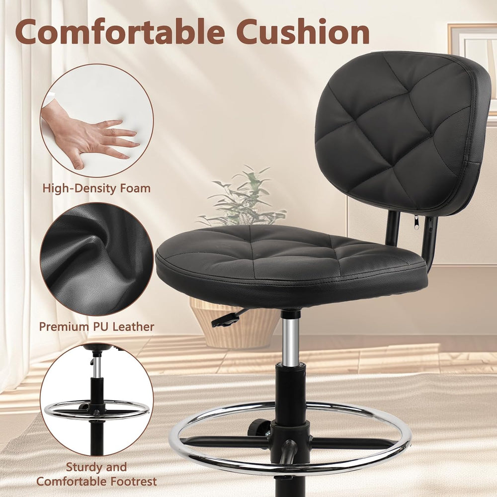 KLASIKA PU Leather Rolling Stools with Foot Rest and Back Support, Adjustable...