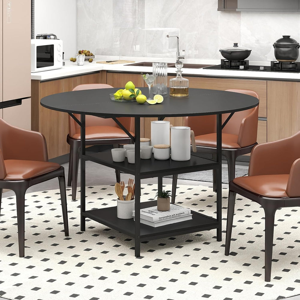 GOFLAME Round Dining Table for 4-6 People, 47” Kitchen Table with 2-Tier Stor...