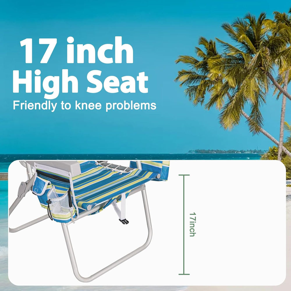 Romswi Tall Beach Chair Extra Wide for Adults, 17" High Seat Backpack Be...