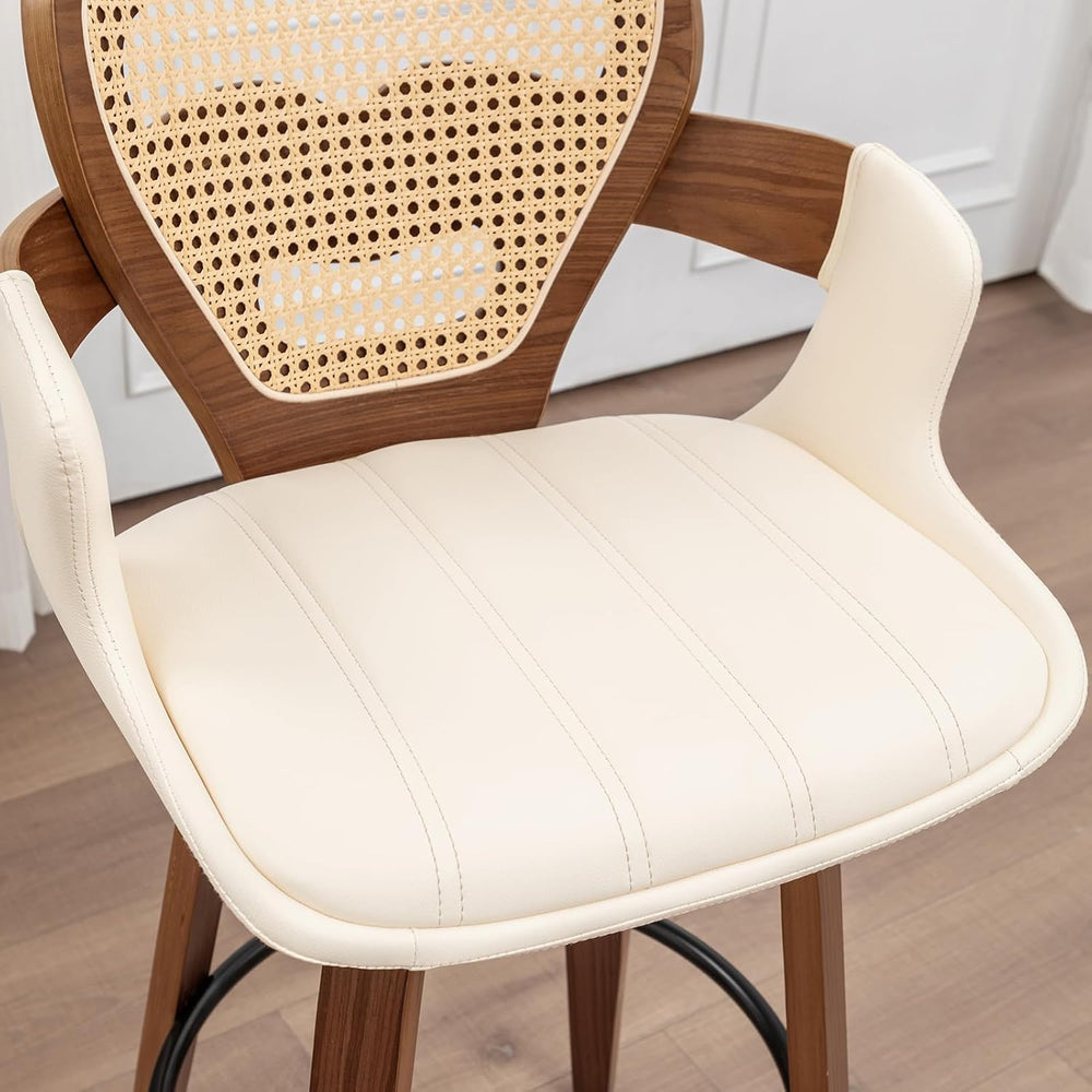 Mid-Century Modern Swivel Counter Stools with Supportive Rattan Back & Ar...