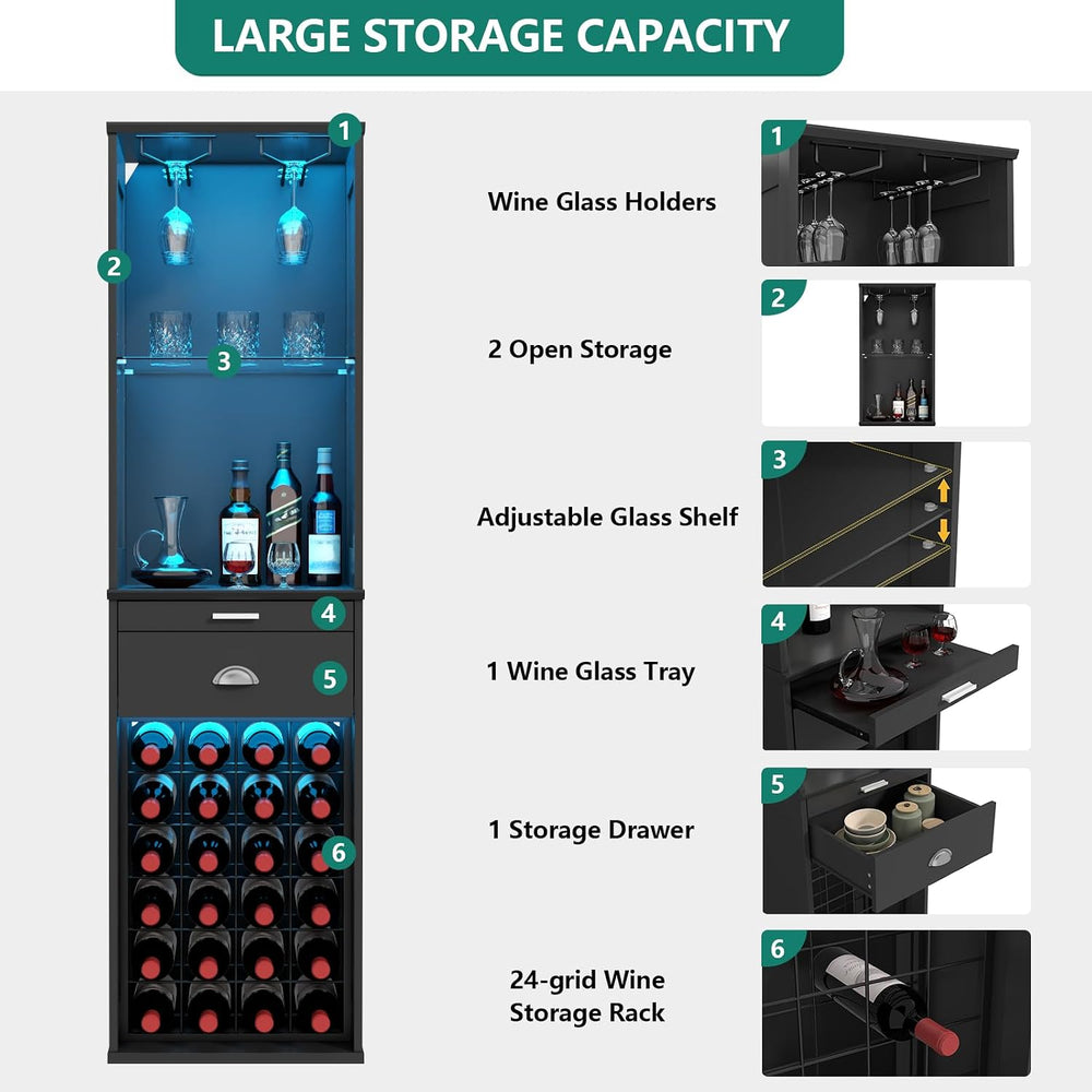 Wine Bar Cabinet w/LED Lights, 65'' Tall Coffee Bar w/24 Wine Rack