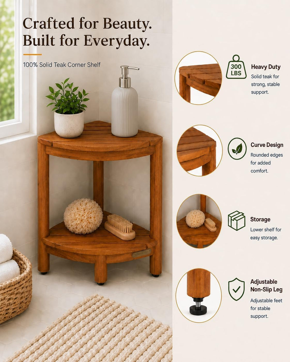 Teak Corner Bath Shower Storage Stand, Bathroom Stool with Storage Shelf 18&q...