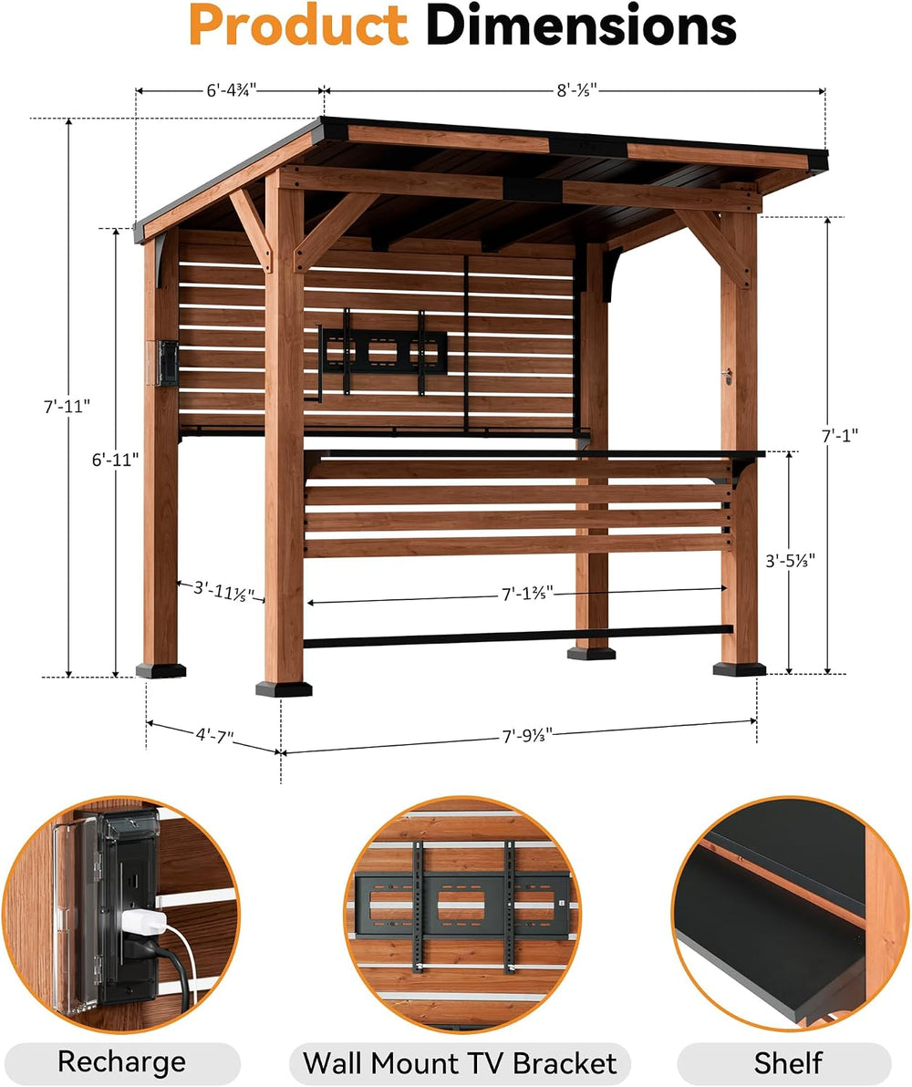 Modern Shade Cedar Outdoor Bar Gazebo with TV Mount, USB Power, 6.5 x 8 ft