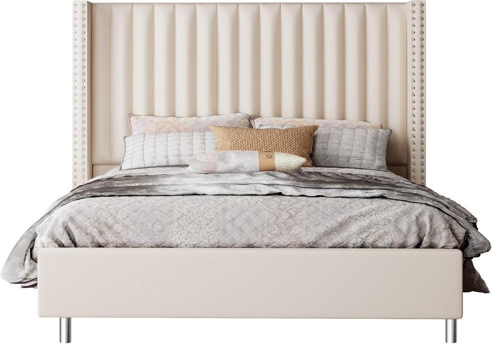 Jocisland Queen Size Bed Frame Velvet Upholstered Wingback Headboard, Cream