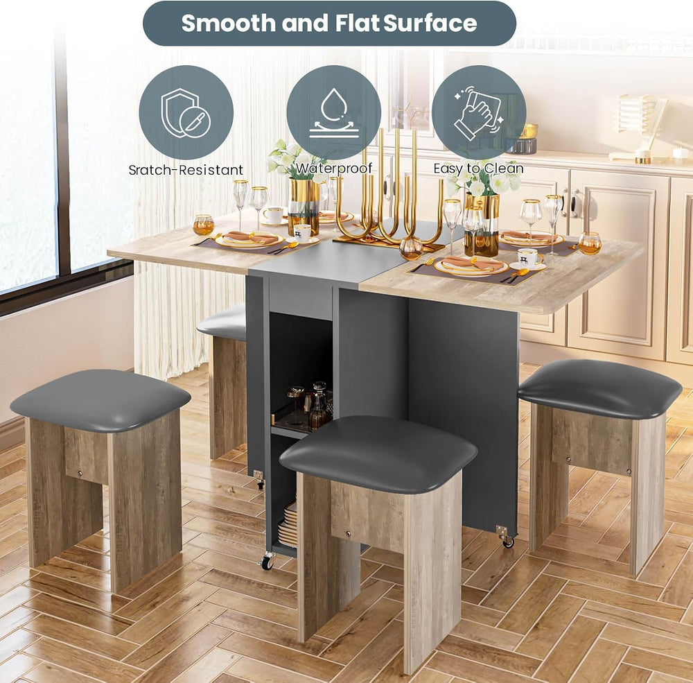 furlinkhm Folding Dining Table Set for 4, Dinner Table with 4 Leather Chairs ...