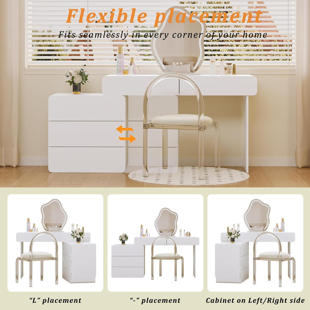 White Vanity Makeup Desk with Mirror and Lights, Vanity Desk with Acrylic Cha...