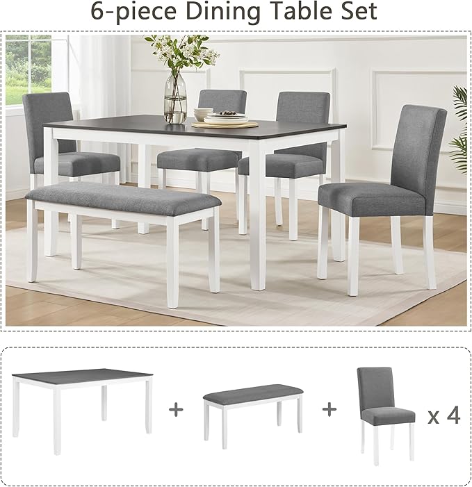 KEIKI 6-Piece Standard Height Dining Table Set with Rectangular Table, 4 Upho...