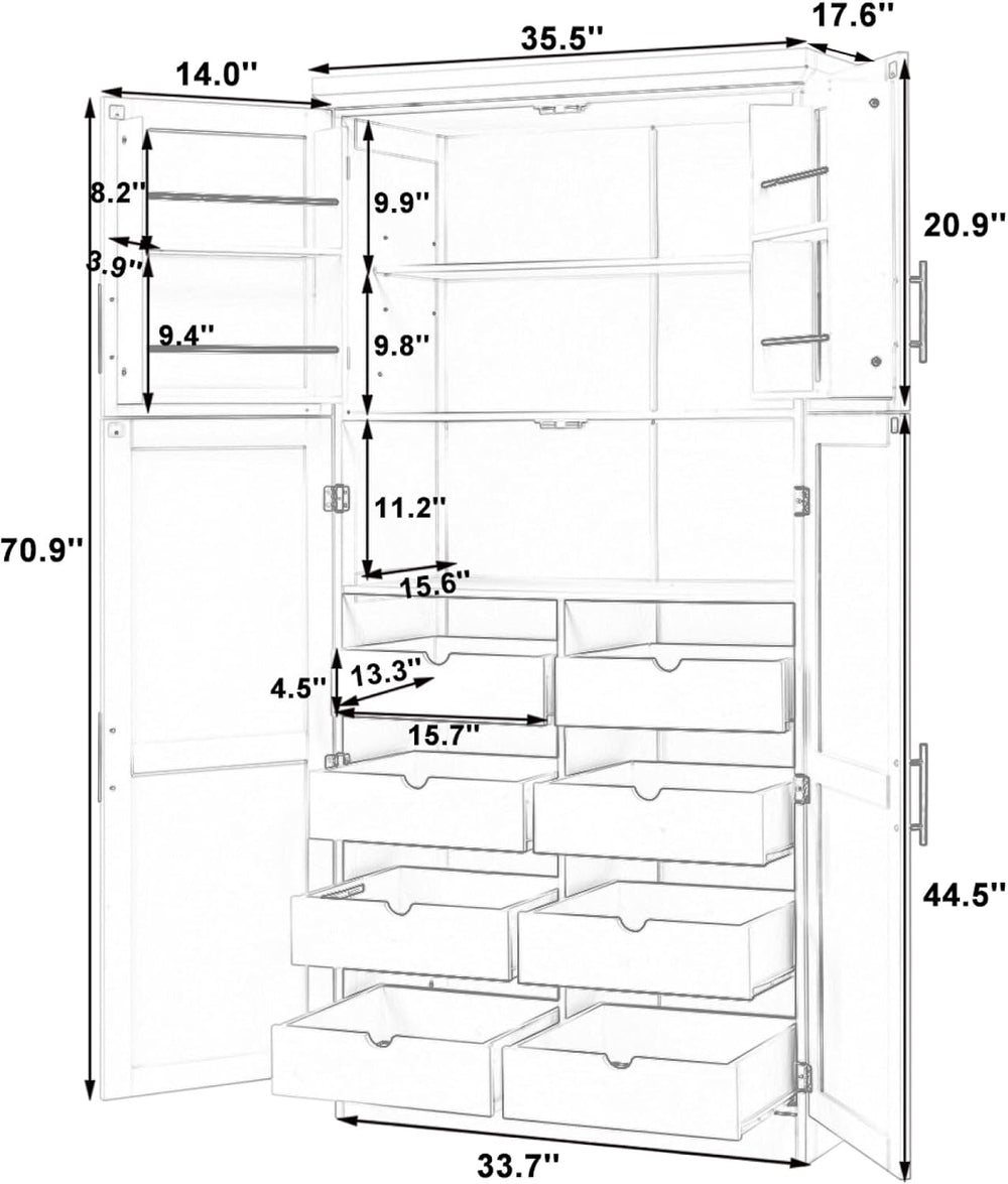 roomfitters 71 Inch Freestanding Kitchen Pantry with 8 Pull-Out Trays and Doo...
