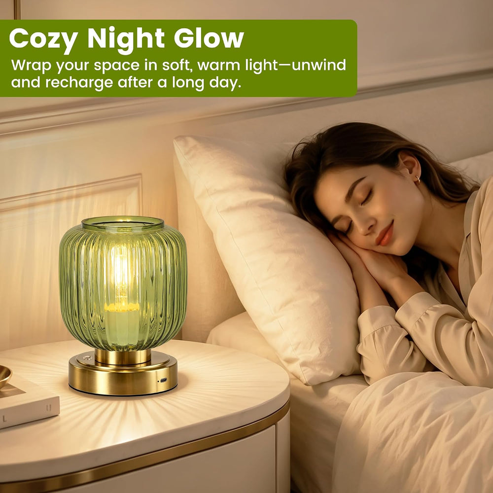 Cordless Table Lamp for Living Room, Small Green Glass Lamp for Bedroom