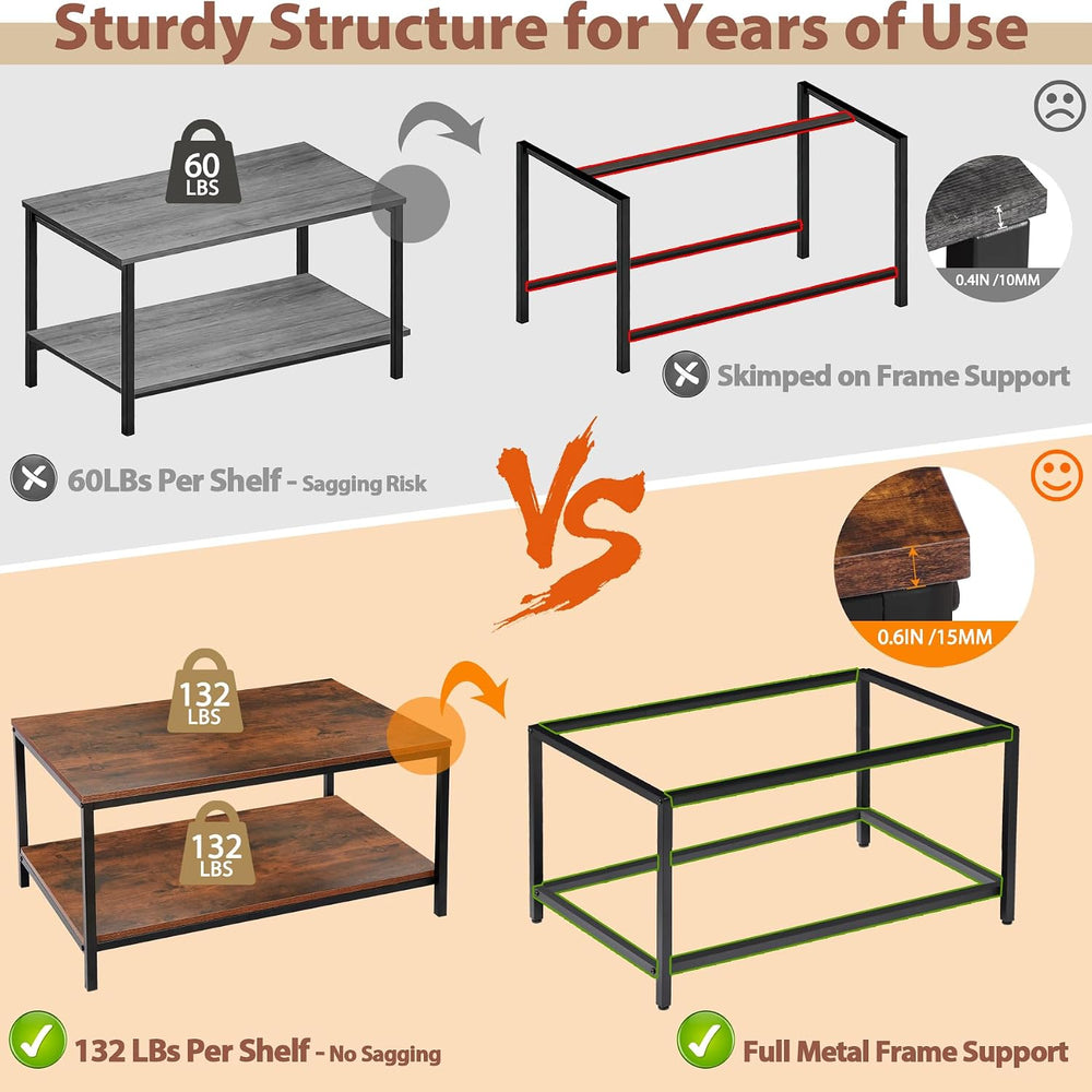 SUPER DEAL 2-Tier Industrial Coffee Table with Storage Shelf for Small Apartm...
