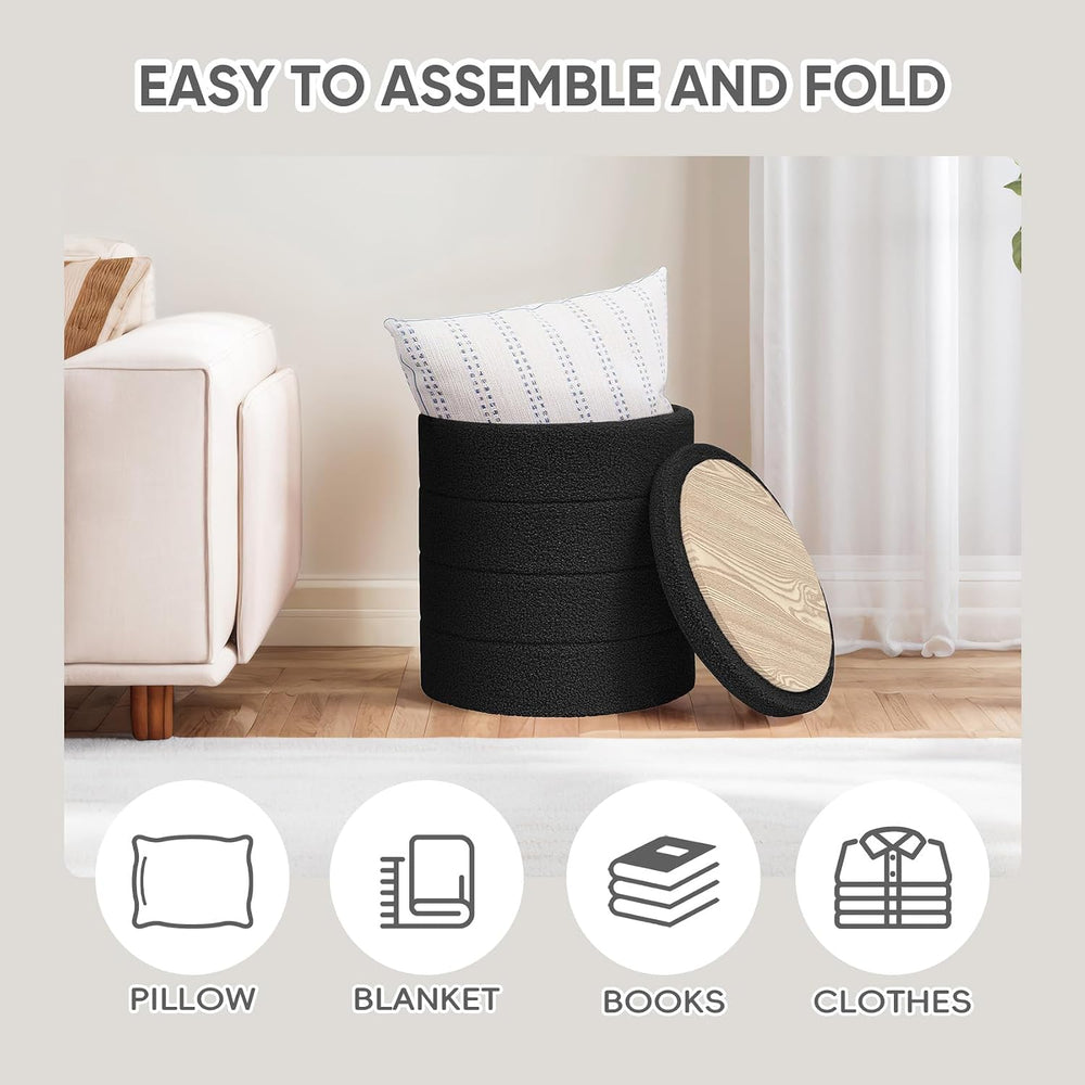 PINPLUS Compact Round Folding Storage Ottoman, Black Boucle Footstool