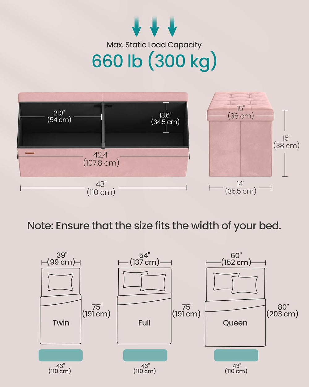 SONGMICS Foldable Storage Ottoman with Flipping Lid, 43.3 Inch Velvet Bench |...