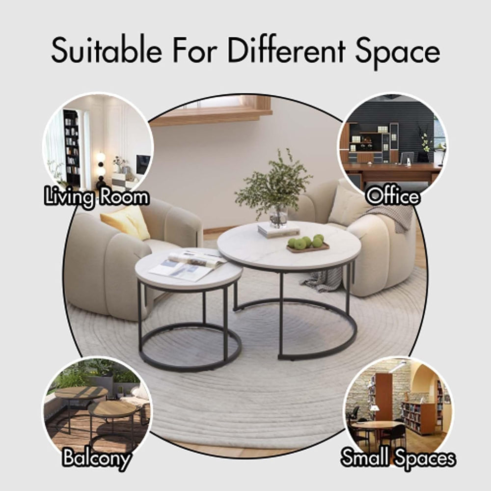 Round Coffee Table Set of 2, Modern Nesting Tables with Marble Look Top &...