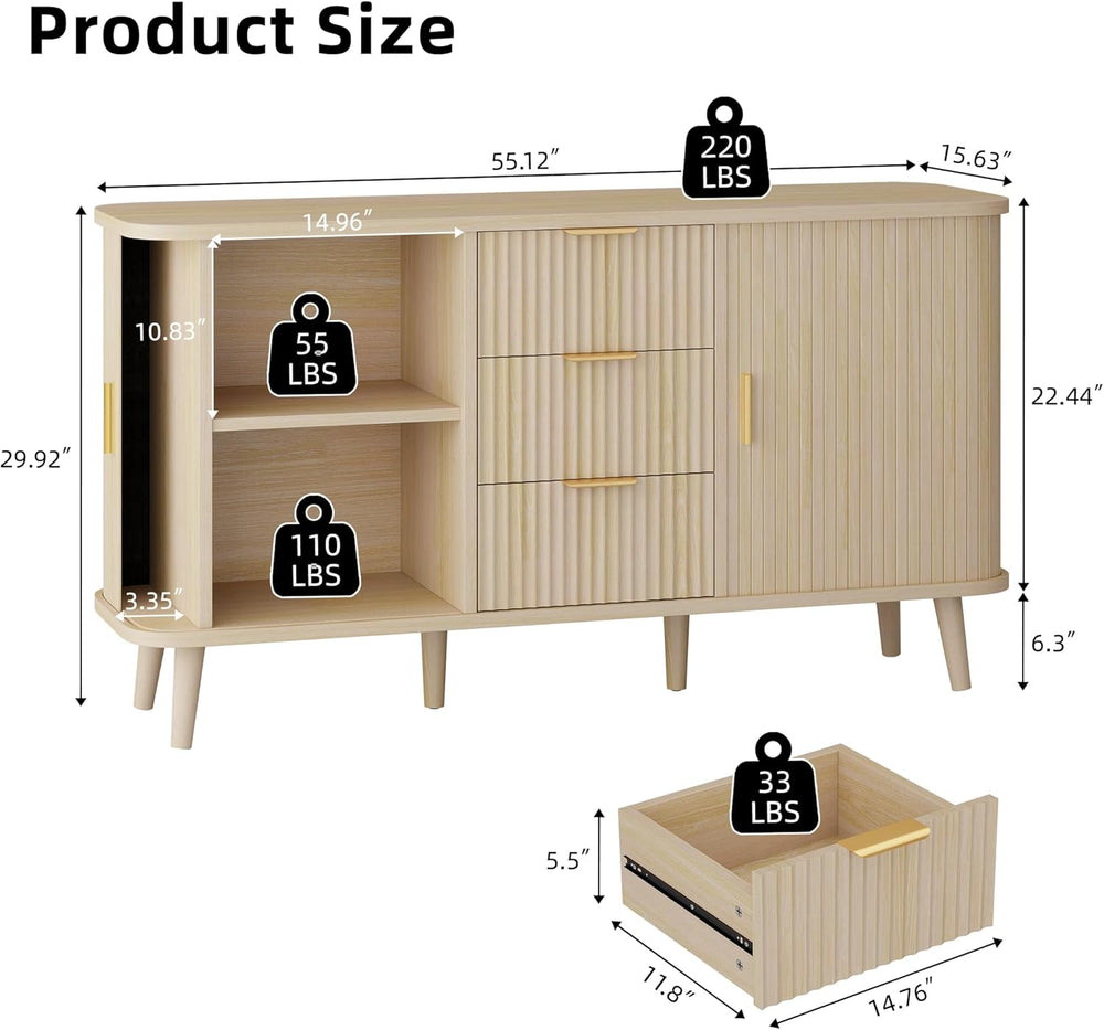 Lulive Natrual Buffet Cabinet, 55" Wide Sideboard Buffet Storage Cabinet...