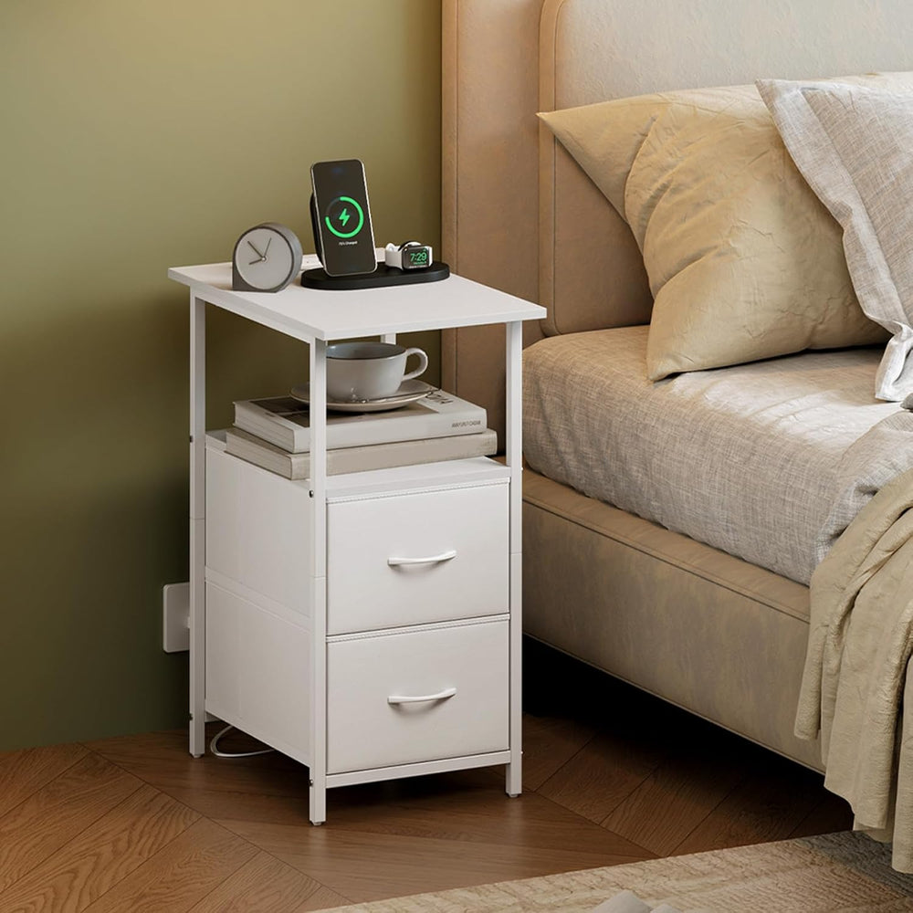 Somdot End Table with Charging Station, Narrow Side Table with 2 Fabric Drawe...