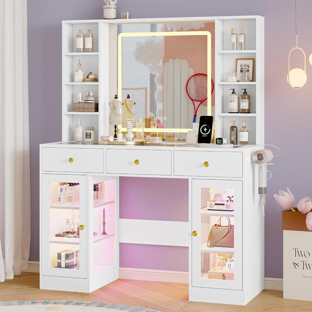 Makeup Vanity Desk with Mirror and Lights, 43" White Vanity with Glass T...
