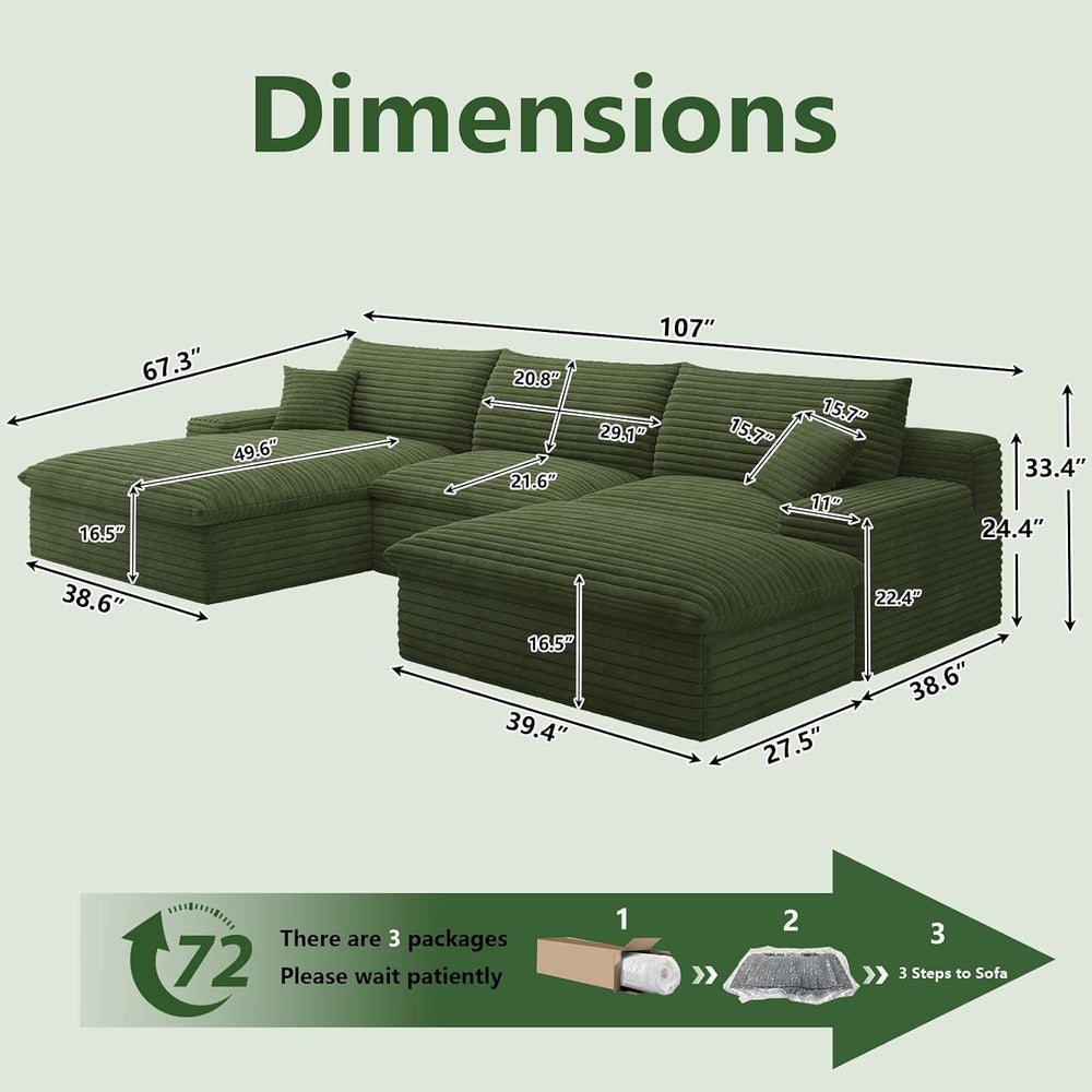 107" Cloud Couch Modular Sectional Sofa for Living Room, U-Shape Couch w...