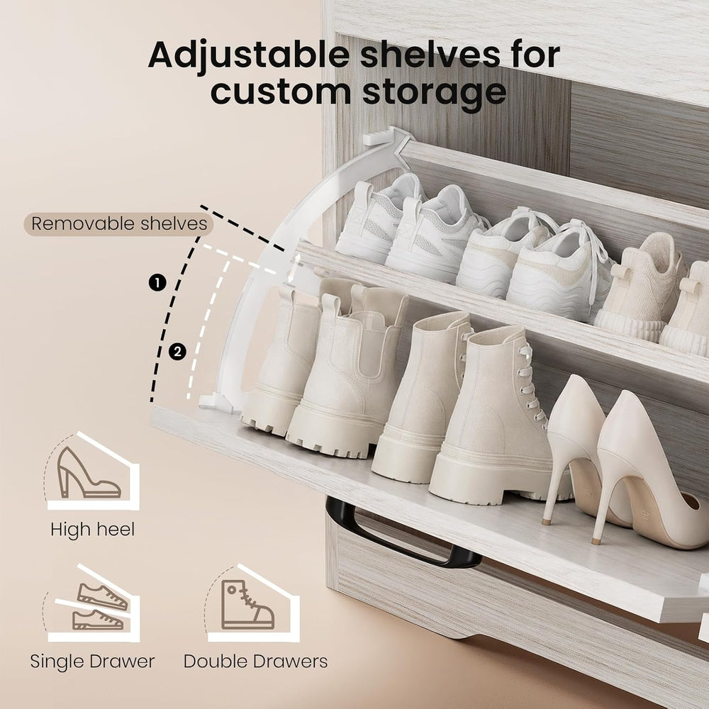 39" Shoe Storage Bench with Seat Cushion, Wood, Ash White | 8-Pair Shoe ...