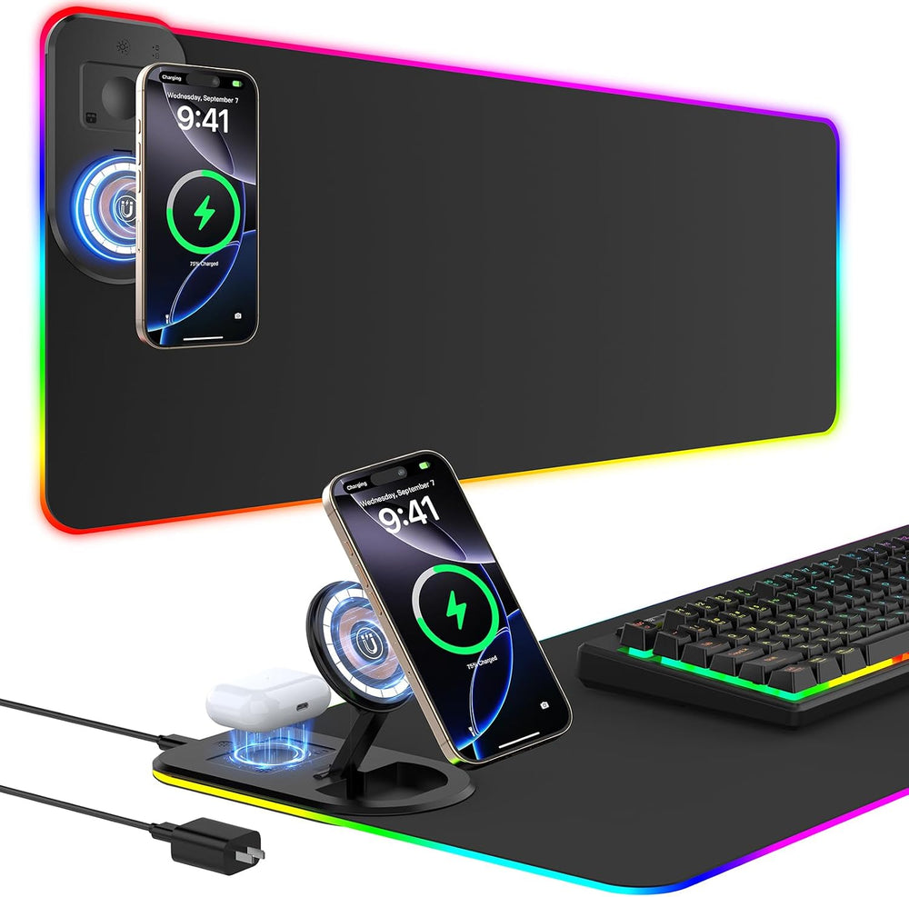 RGB Gaming Mouse Pad Wireless Charging Desk Mat with Foldable Phone Stand, La...
