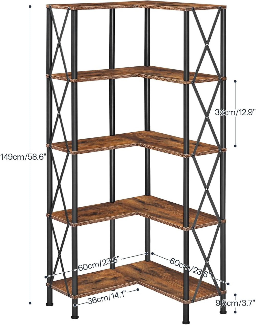 HOOBRO Corner Bookshelf, 5-Tier L-Shaped Bookcase, Industrial Open Display Sh...