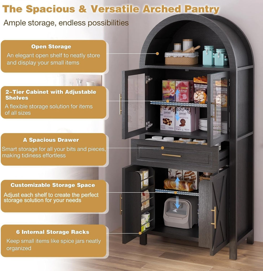 71" Kitchen Pantry Cabinet with Glass Doors and Barn Door, Farmhouse Sto...