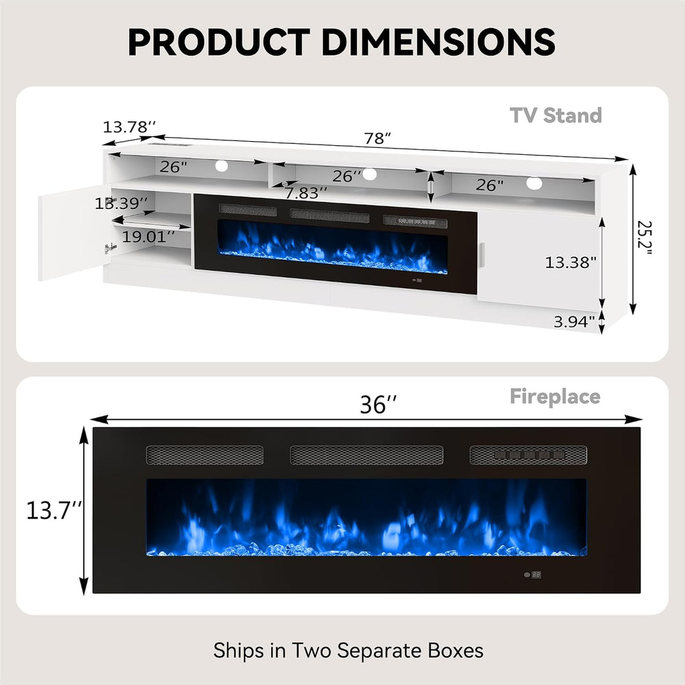 80" Fireplace TV Stand with Power Outlet, Electric Fireplace Entertainme...