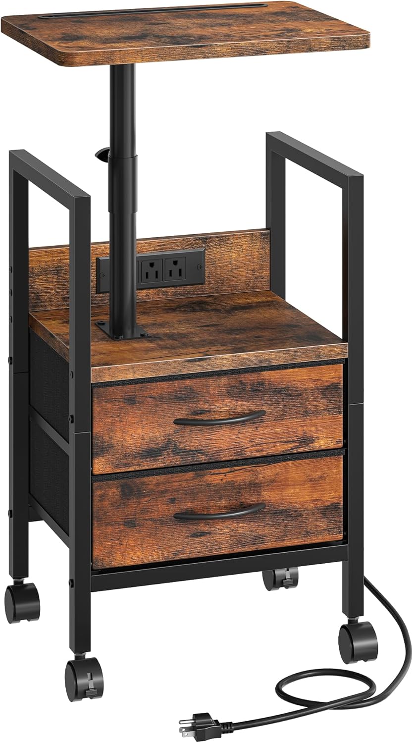 Height Adjustable Side Table with Swivel Tabletop, End Table with Charging St...
