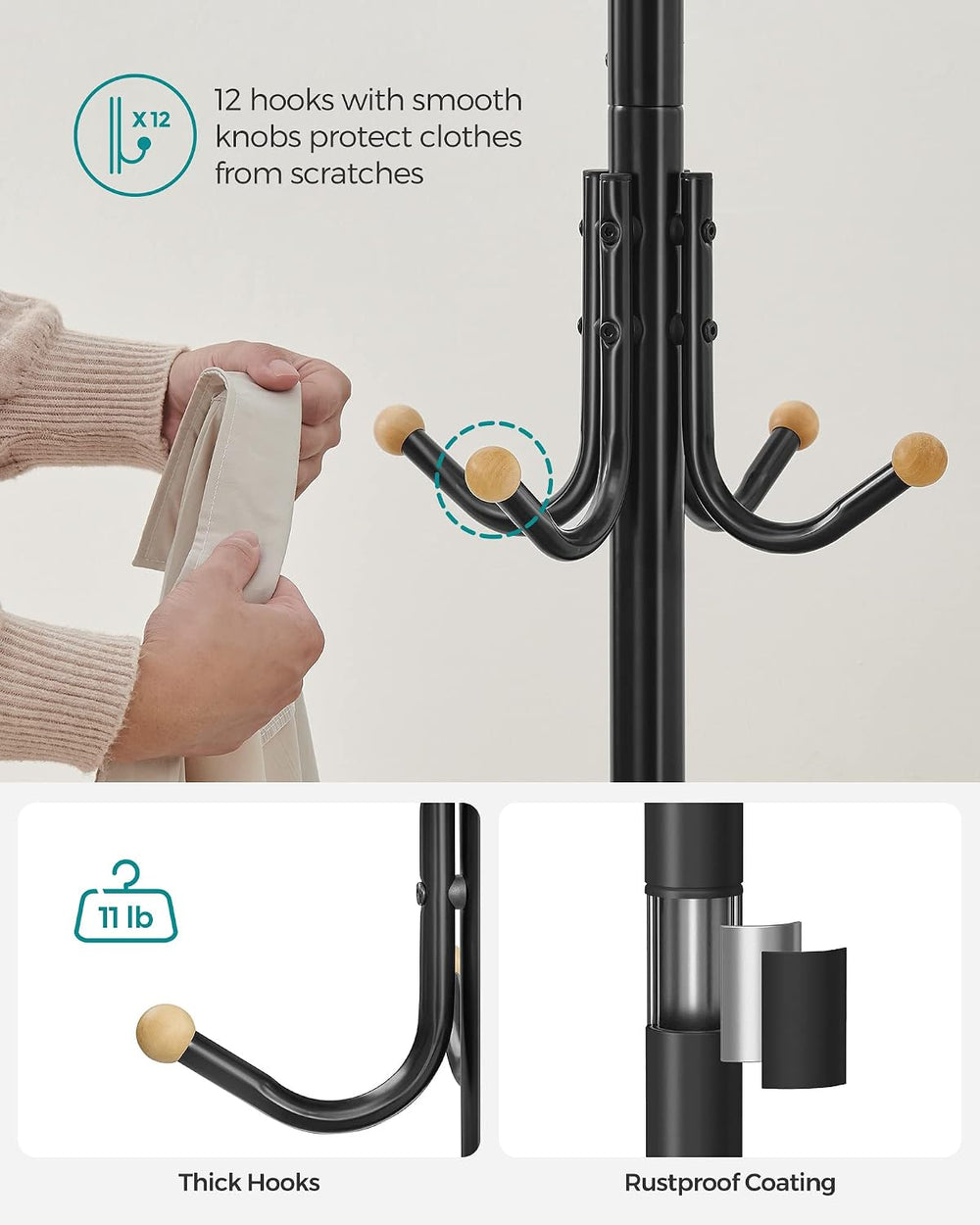 SONGMICS Coat Rack Freestanding, Metal Stand with 12 Hooks and 4 Legs