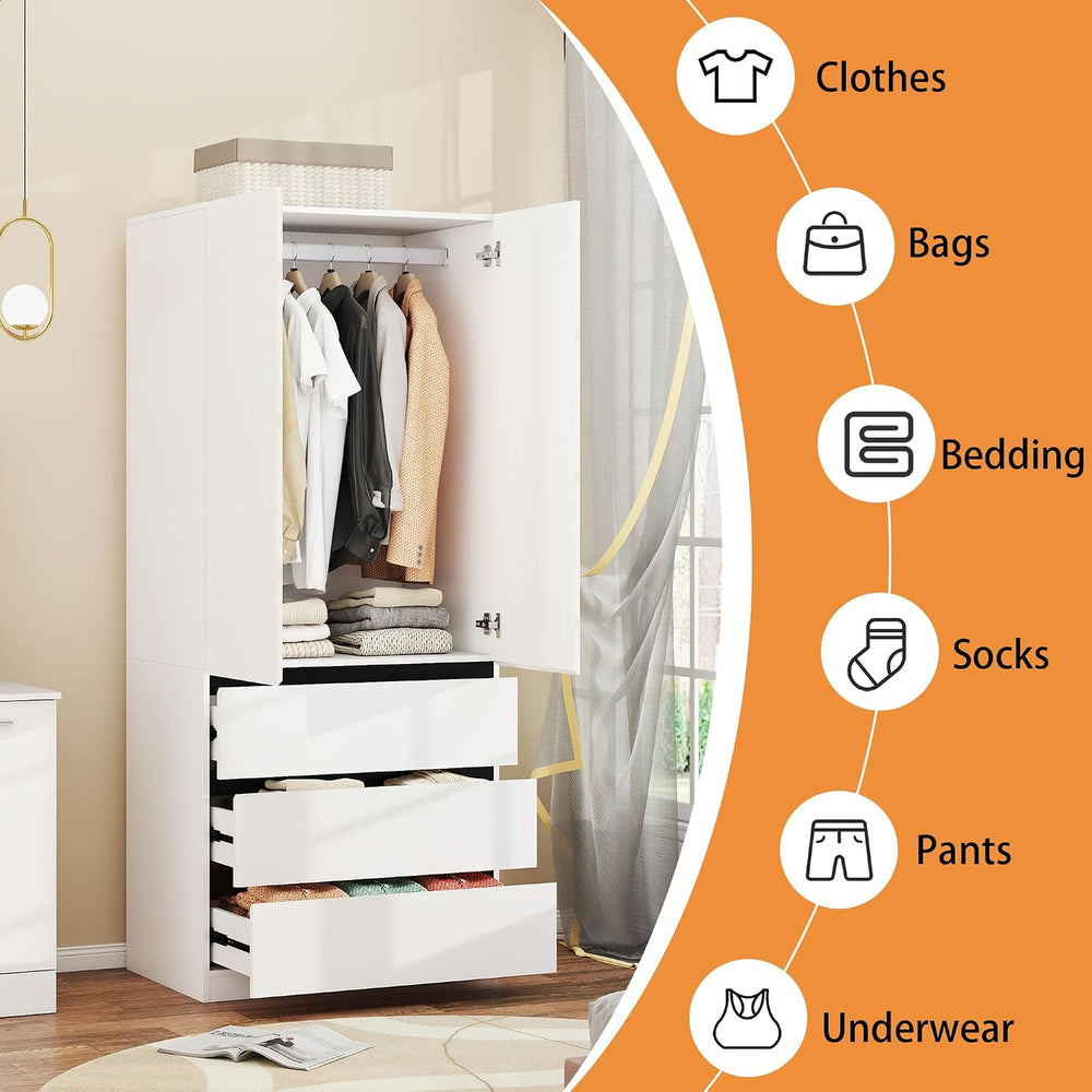 Armoire Wardrobe Closet with Drawers:75" Large White Wardrobe Closet Cab...
