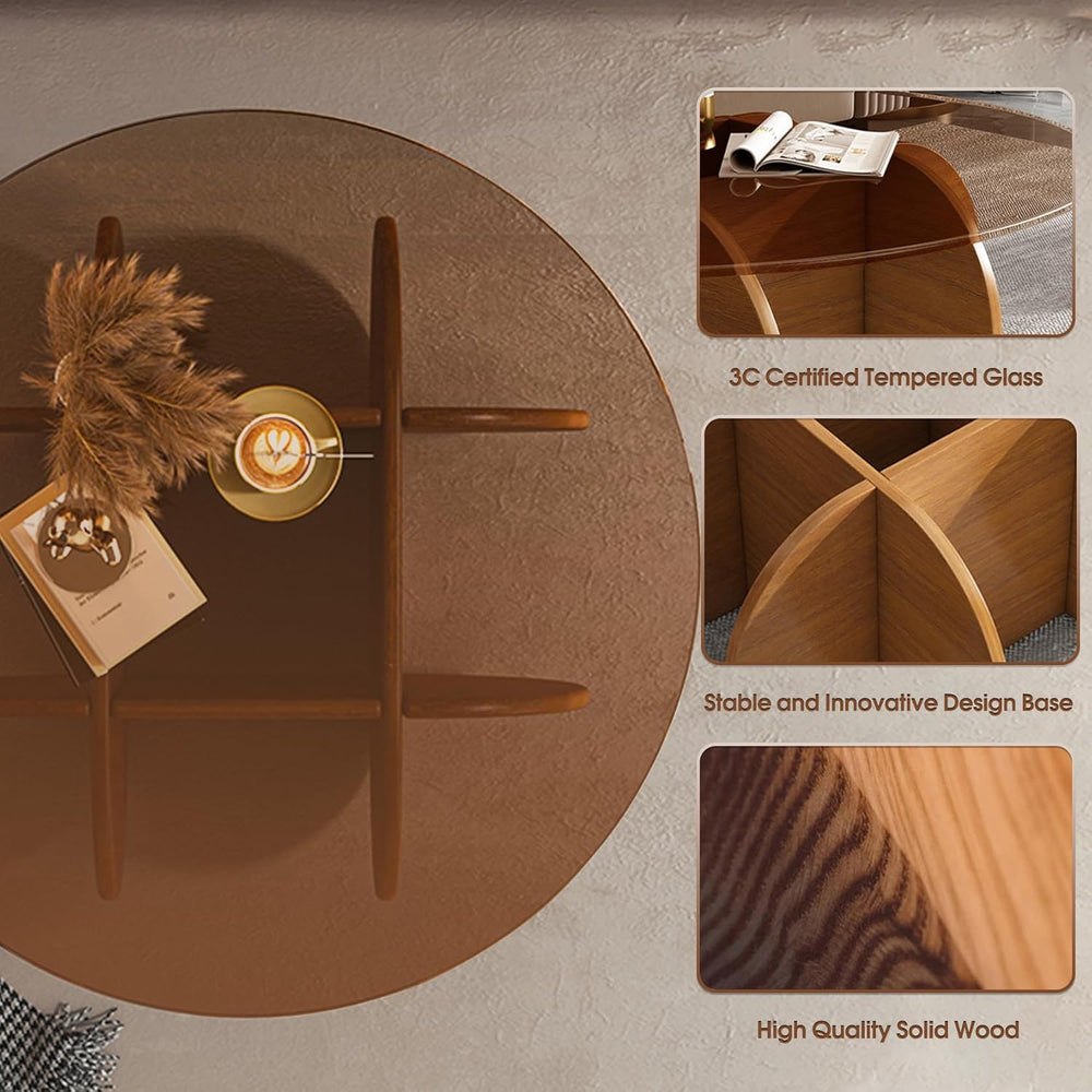 Modern Round Coffee Table with Solid Wood Legs,31.5'' Glass Coffee Ta...