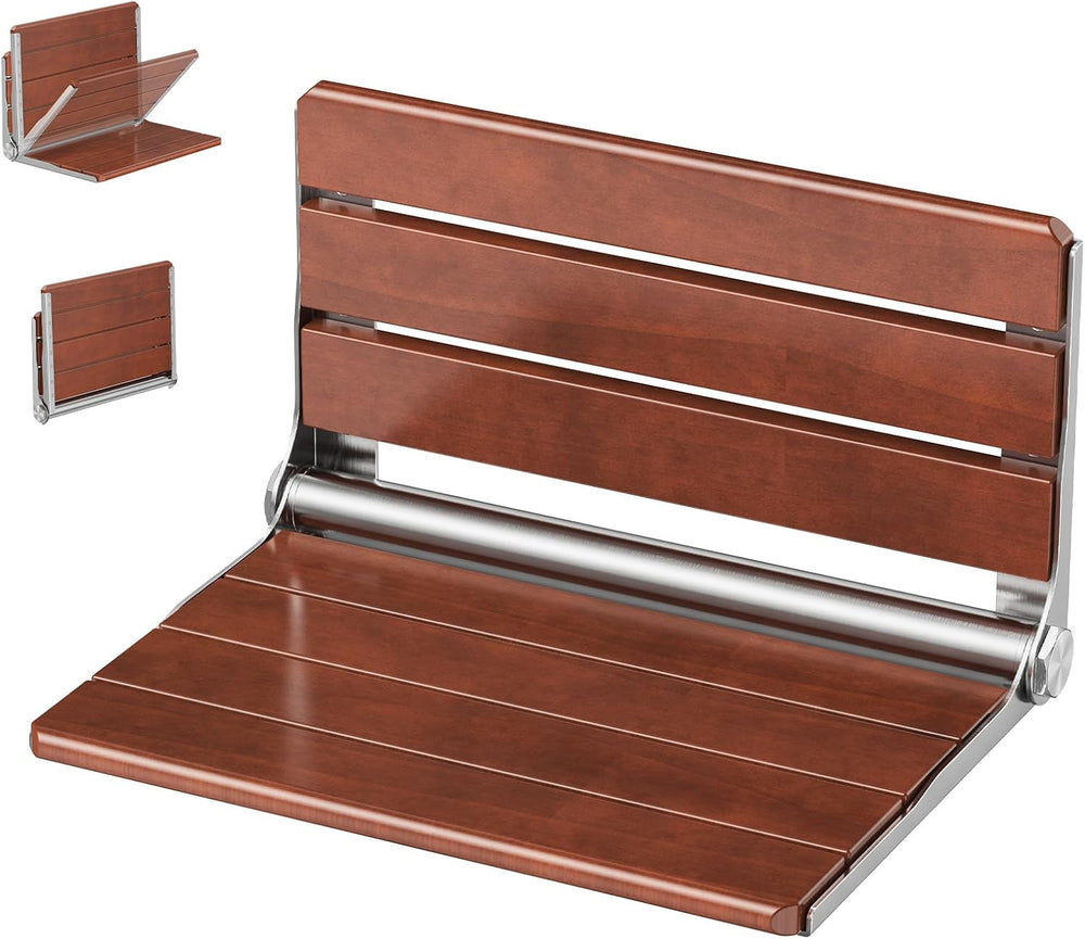 17" Folding Shower Seat Wall Mounted, Foldable Teak Shower Bench, Max 440lb