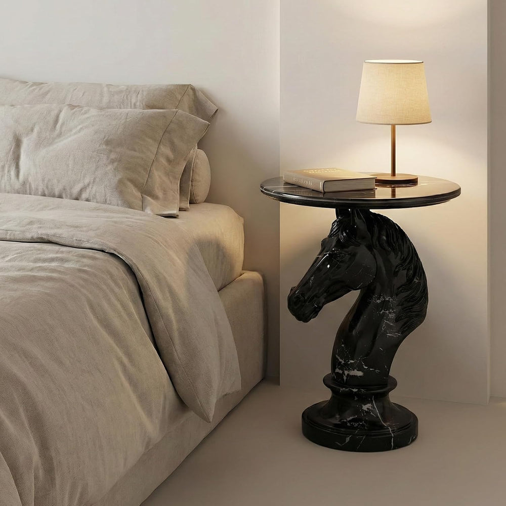 Horse Head Side Table, Faux Marble Round End Table with Resin Sculpture Pedes...