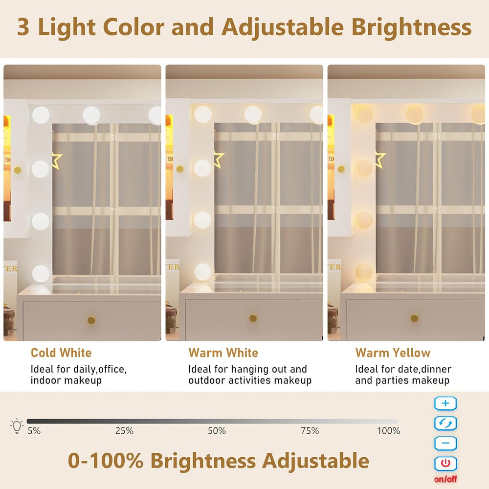 62 Inch Large Makeup Vanity Desk with Mirror and Lights 3 Color Lighting, Gla...